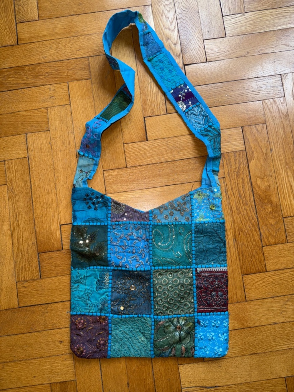 Handcrafted Blue Patchwork Crossbody Bag with Sequins on Both Sides!